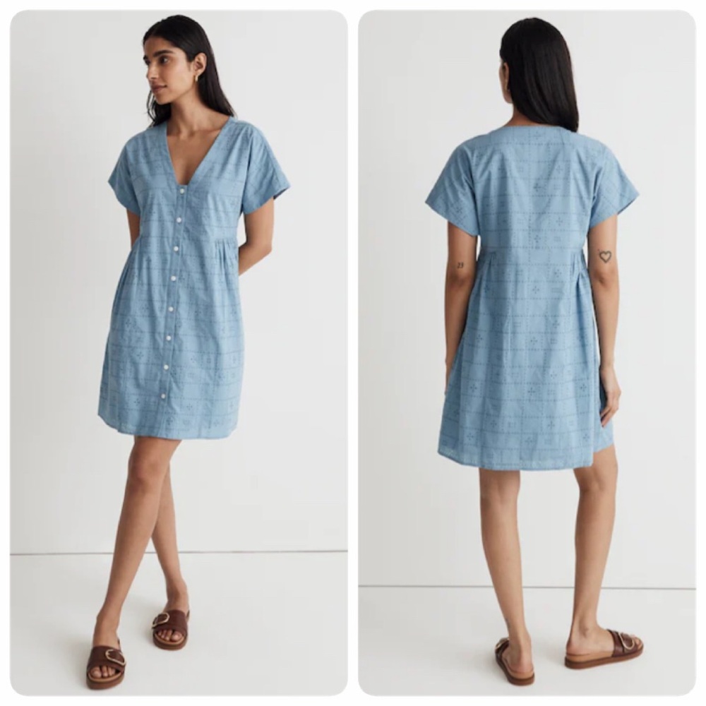 Madewell Button-Front V-Neck Eyelet Cotton Mini Dress